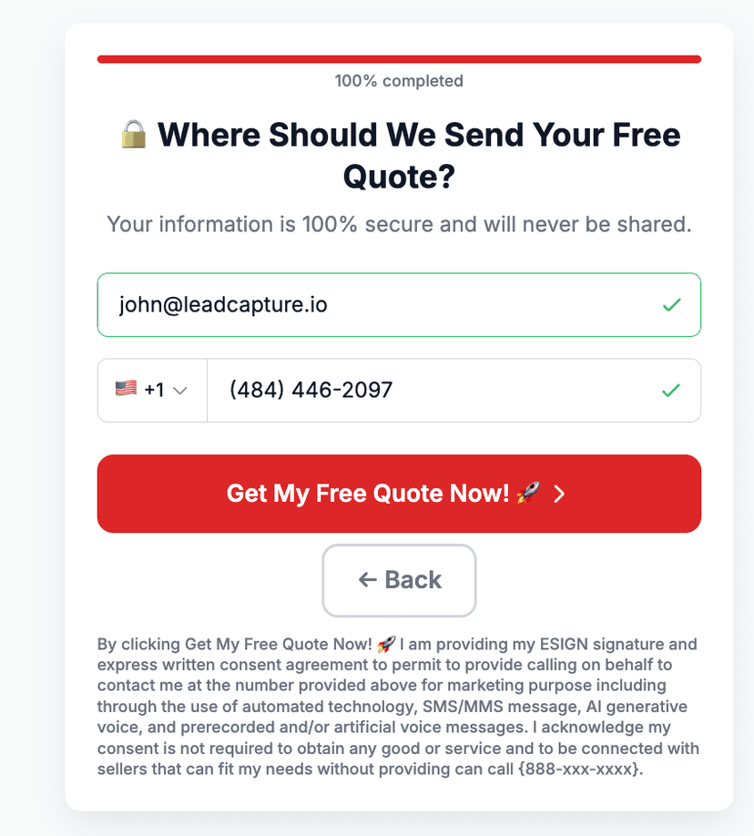 Lead capture form with real-time email and phone verification